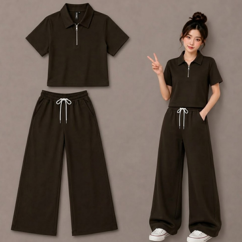 Polo Collar Short Sleeve Crop Top and Wide Leg Track Pants