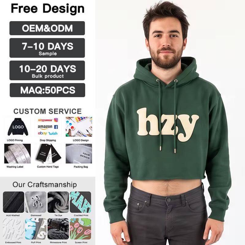 Custom Logo Foam 3d Puff Print Cropped Hoodie Men