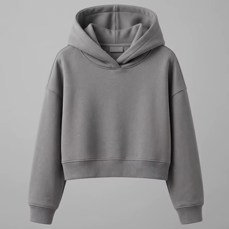 Custom Logo Heavyweight Cotton Grey Cropped Hoodie Sweatshirt