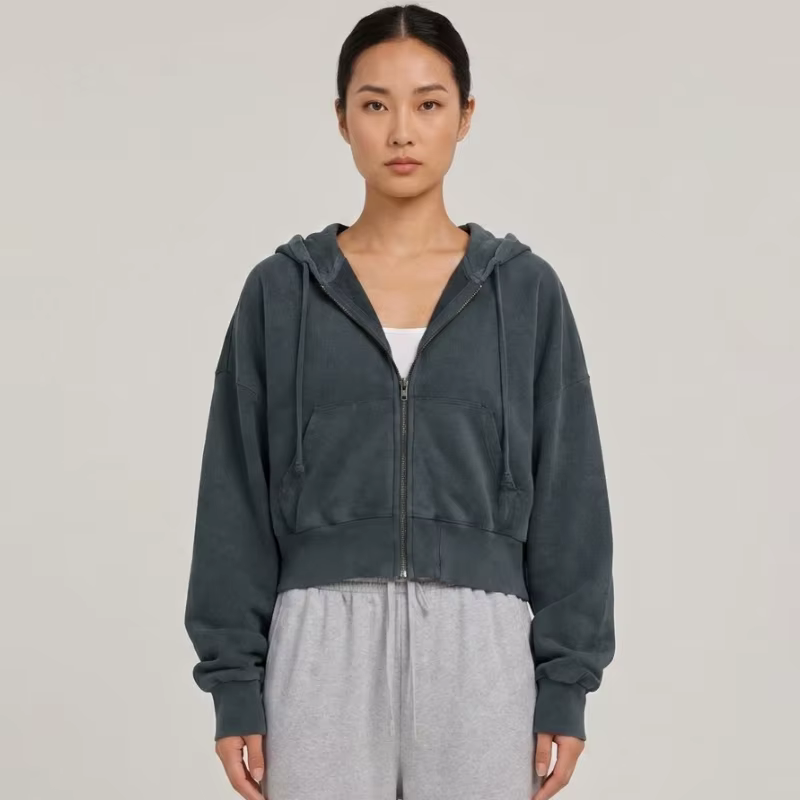 Custom Logo Acid Wash Drop Shoulder Women Cropped Zip Up Hoodie