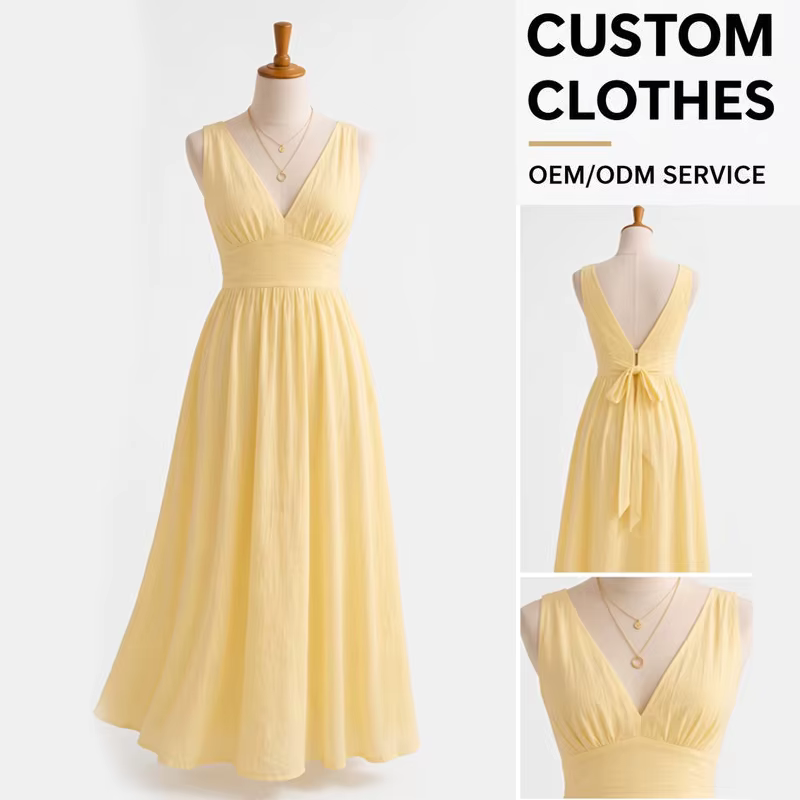 Low Moq Clothing Manufacturer Elegant Yellow V Neck dress