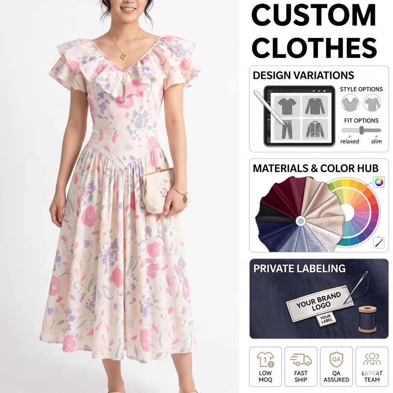 custom Vintage Floral V Neck Ruffle Sleeve Elegant Casual A-line dress
