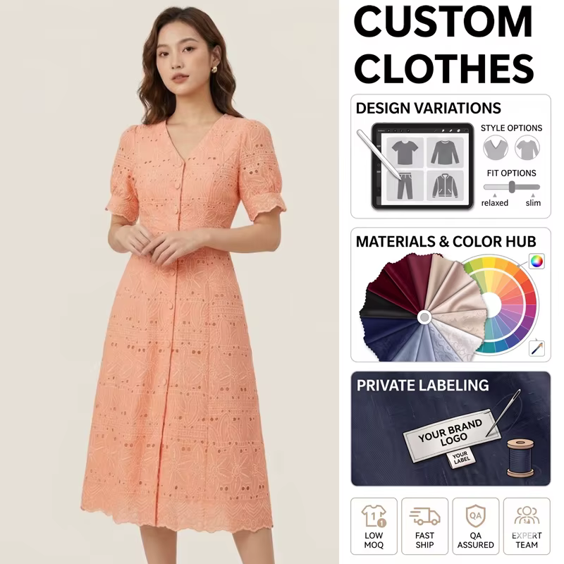 Wholesale Summer Vintage V Neck Button Front Midi Dress