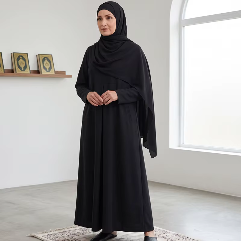 Black Muslim Abaya Simple Prayer Dress Cotton 2 Piece Muslim clothing