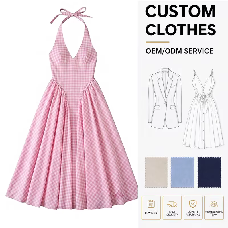 oem French Style Retro Pink Halter Pleated Backless Dress