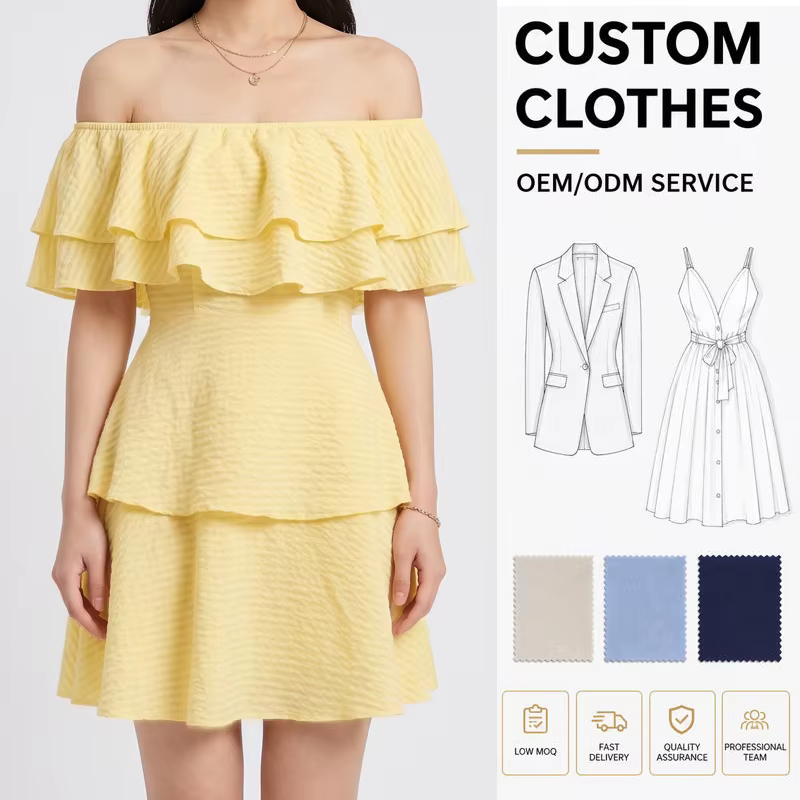 Off Shoulder Ruffle Smocked Yellow Seersucker Tiered Dresses supplier