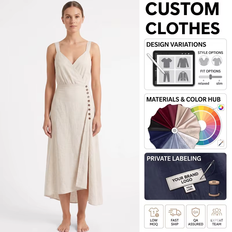 Eco Friendly Cotton Linen Wrap Dress Side Slit Dress Wholesale