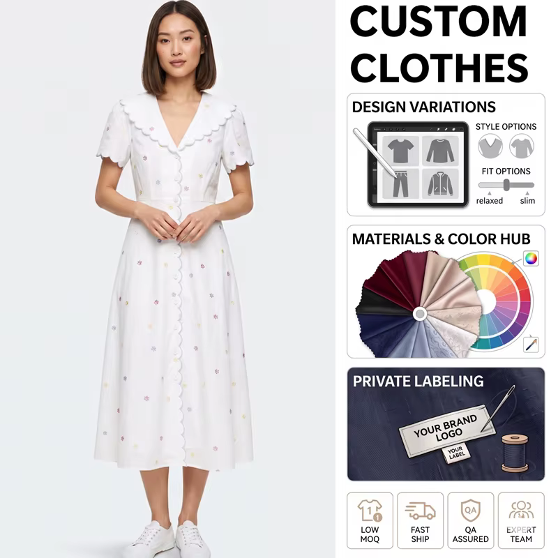Floral Embroidered Scalloped Collar Puff Sleeve Dresses Wholesale