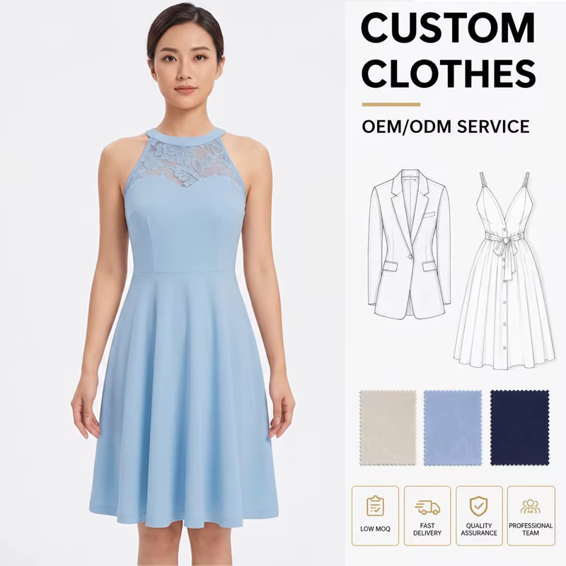 Oem Custom Elegant Light Blue Halter Neck Lace Dress supplier