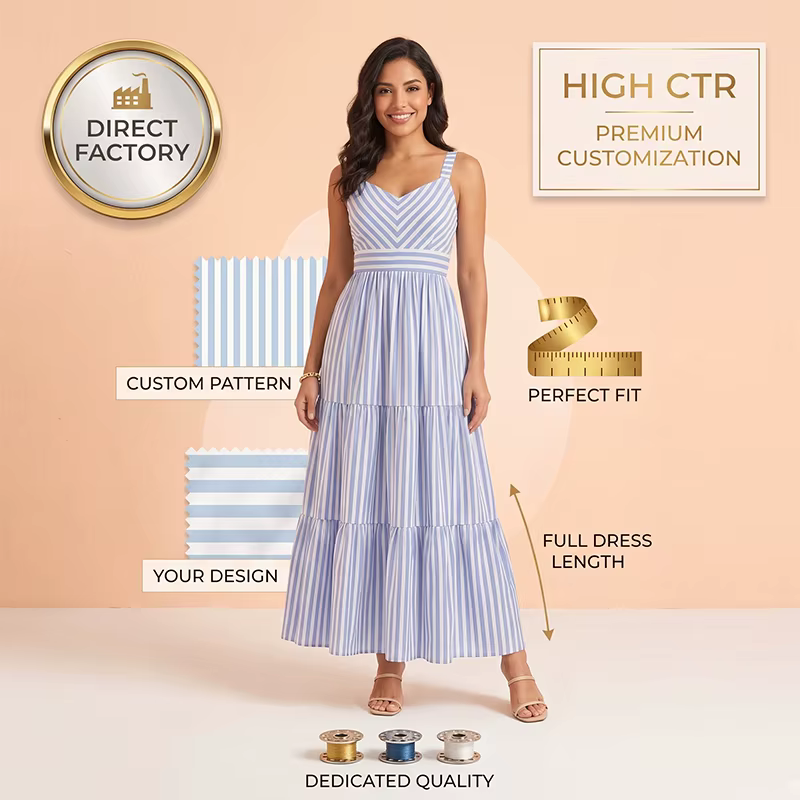 Classic Striped Tiered A-line Long Premium Dress Customization