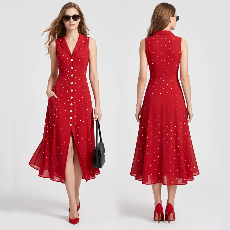 V-neck Button Down Red Polka Dot dress Ladies supplier