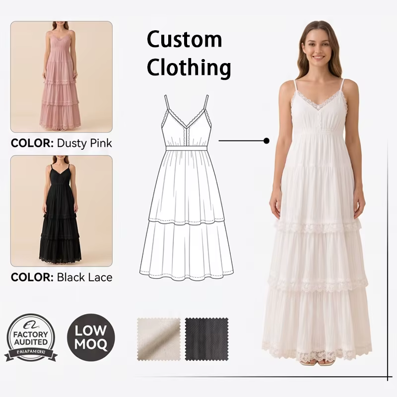 Custom Ladies V-neck Lace Trim Tiered Long Romantic Dress